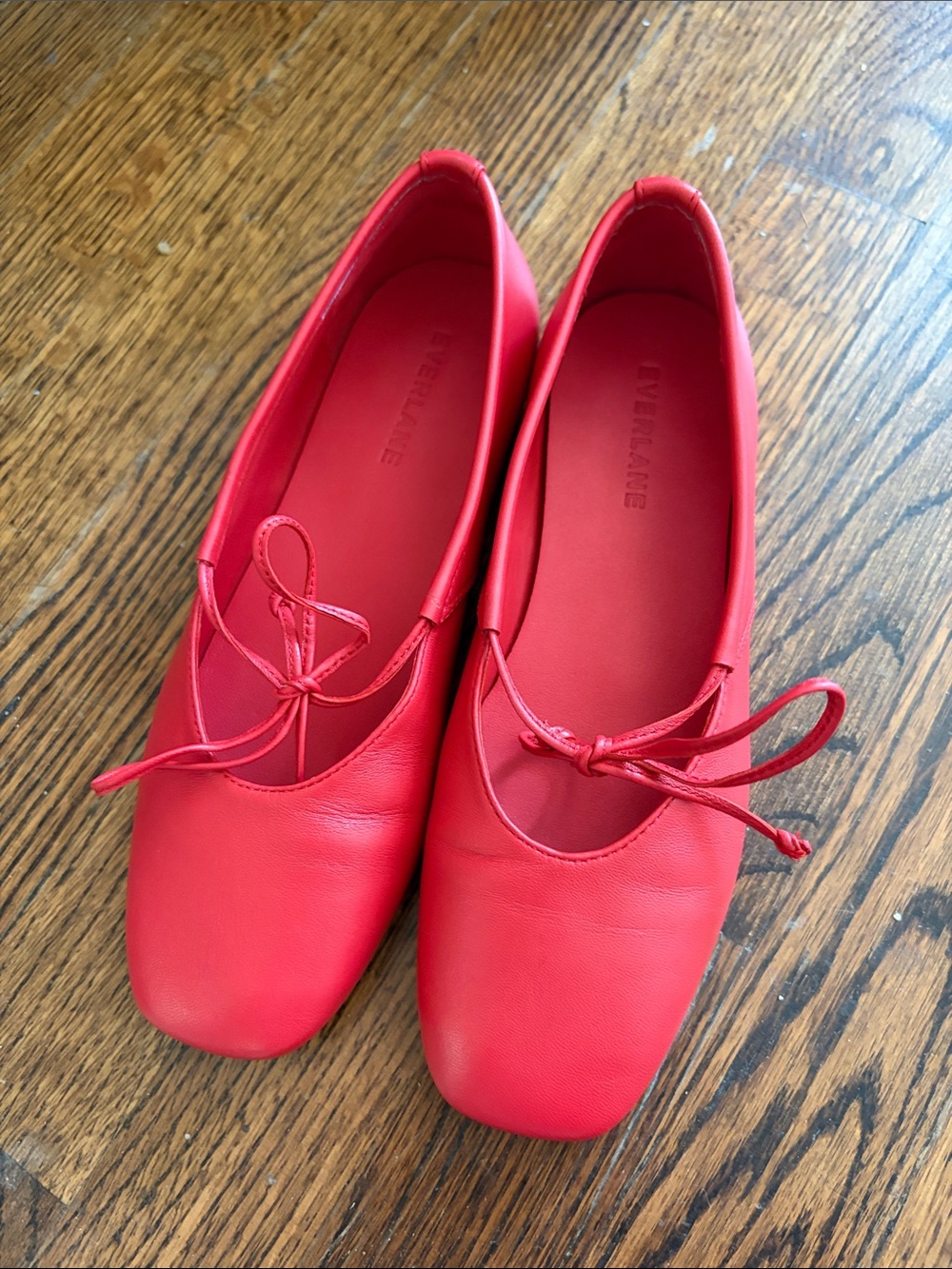 Everlane Bright Red Square-Toe Leather Ballet Flats with Bow (worn once)